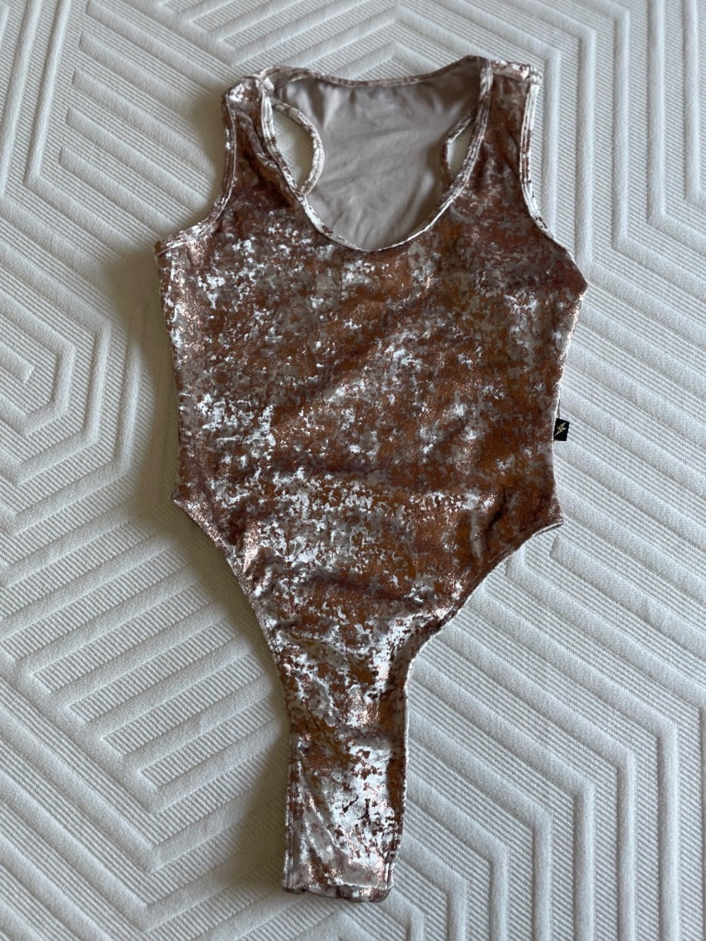 Cleo The Hurricane Gold, crushed velvet, thong bottom, bodysuit, Size small